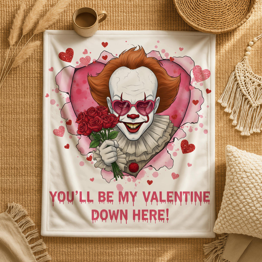 Horror Pennywise Valentine Blanket, IT Movie Valentine Day Blanket, You'll Be My Valentine Down Here Blanket,Horror Characters Blanket Gifts