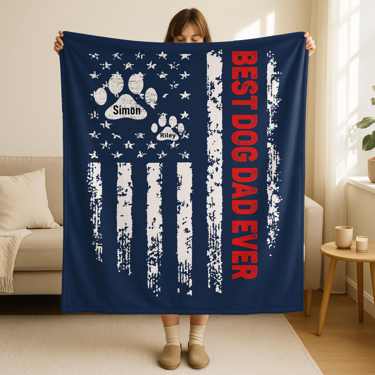 Best Dog Dad Ever Custom Father's Day Blanket with Pets Names, Pet Dog Lover Name Blanket, Custom Blanket with Text, Sherpa Fleece Minky.