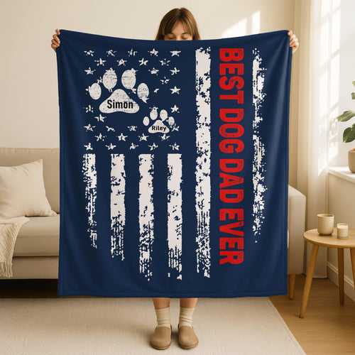 Best Dog Dad Ever Custom Father's Day Blanket with Pets Names, Pet Dog Lover Name Blanket, Custom Blanket with Text, Sherpa Fleece Minky.