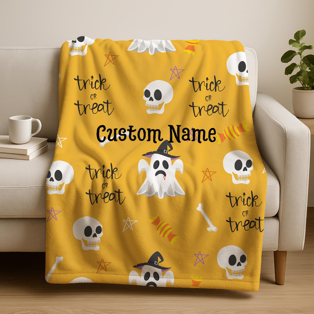 Custom Name Halloween Ghost Blanket, Spooky Blanket, Custom Halloween Gift, Back To School Gift,Personalized Halloween Name Blanket for Kids