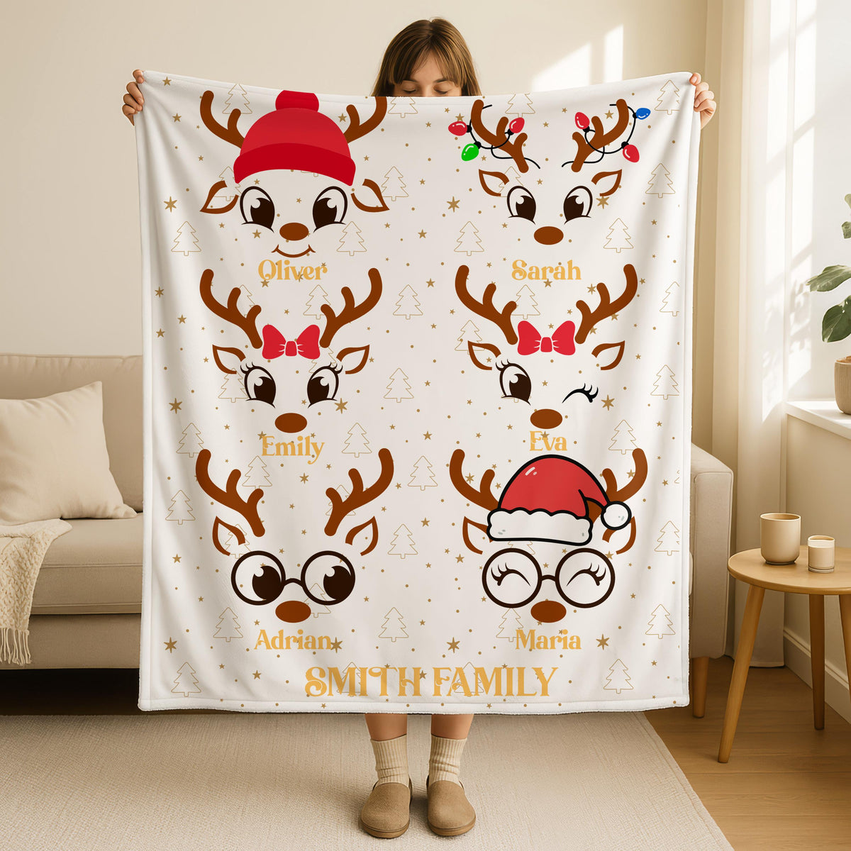 Personalized Reindeer Blanket,Custom Christmas Gift,Persomalized Name Family Holiday Throw, Christmas Gifts,Personalized Name Blanket