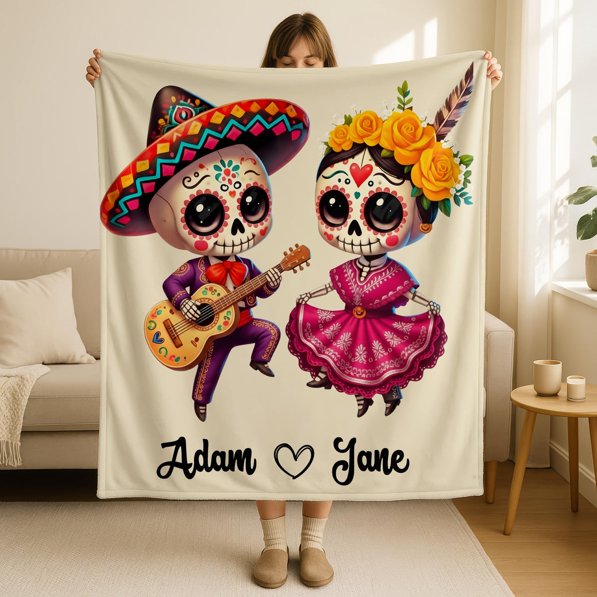 Personalized Skeleton Couple Woven Blanket, Mexican Valentine's Day Blanket, Gothic Anniversary Gift, Skeleton Couple Blanket Gift for Her