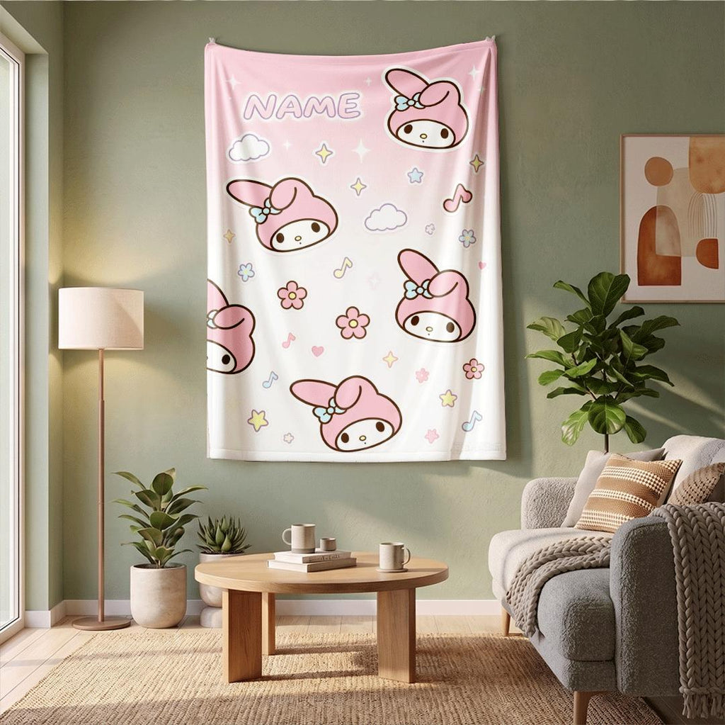 Dreamy My Melody Blanket Custom Name Throw Pink Aesthetic Fleece Bedding Kawaii Anime Room Decor Personalized Gift for Little Girls