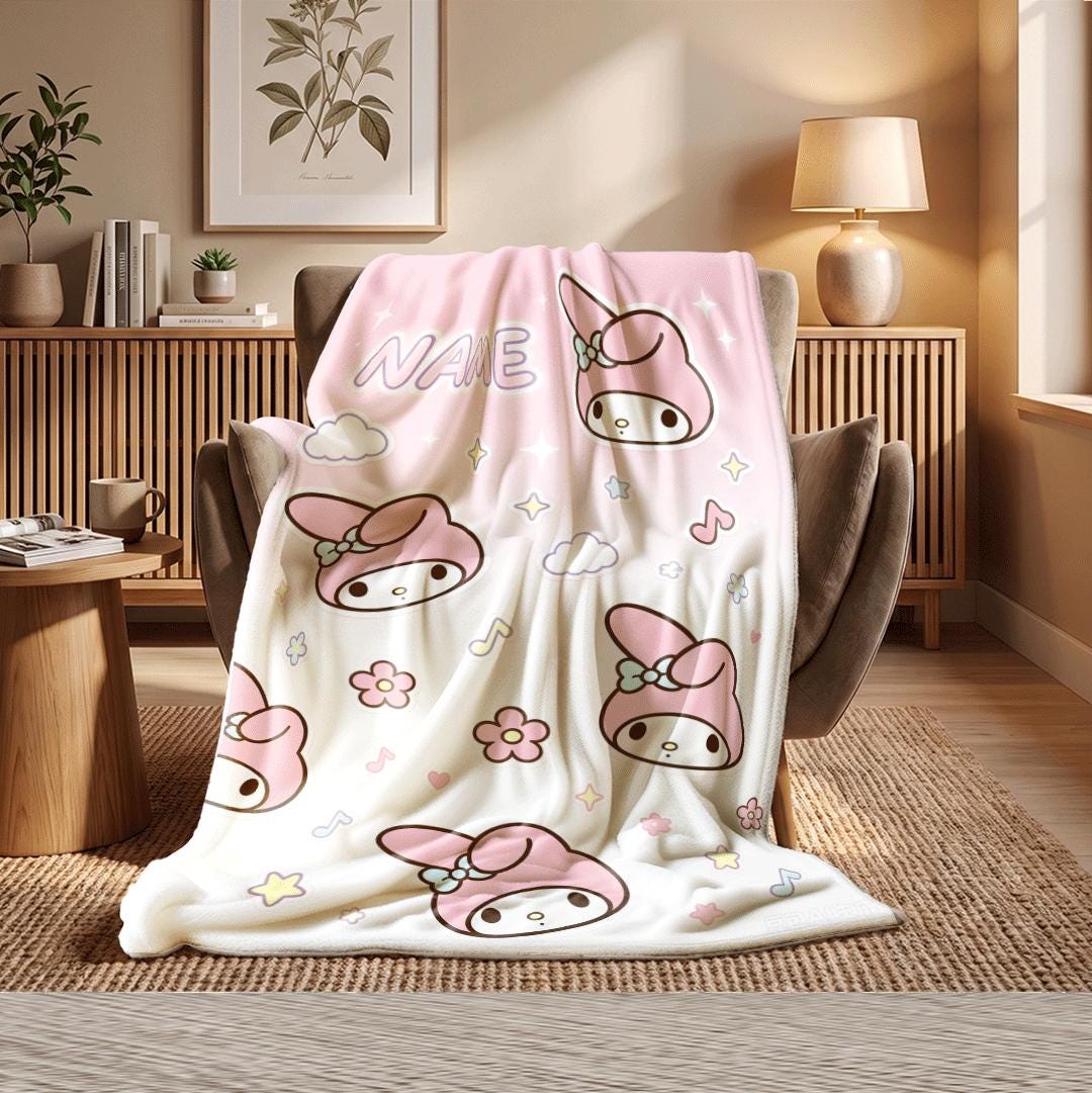 Dreamy My Melody Blanket Custom Name Throw Pink Aesthetic Fleece Bedding Kawaii Anime Room Decor Personalized Gift for Little Girls
