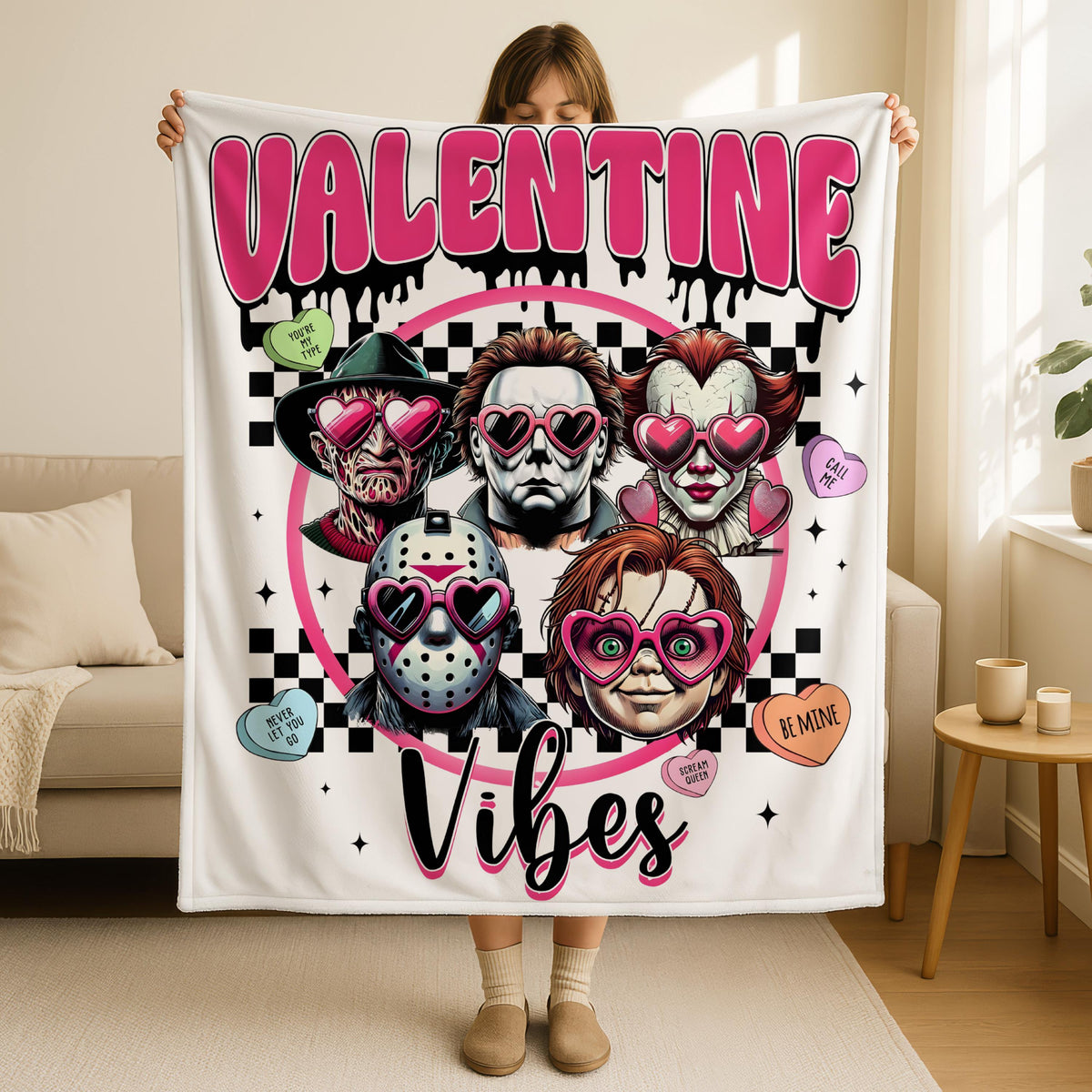 Valentine Vibes Blanket, Horror Valentines Blanket, Gothic Love Fleece Throw Blanket, Horror Movie Pennywise, Freddy Krueger, Chucky Blanket