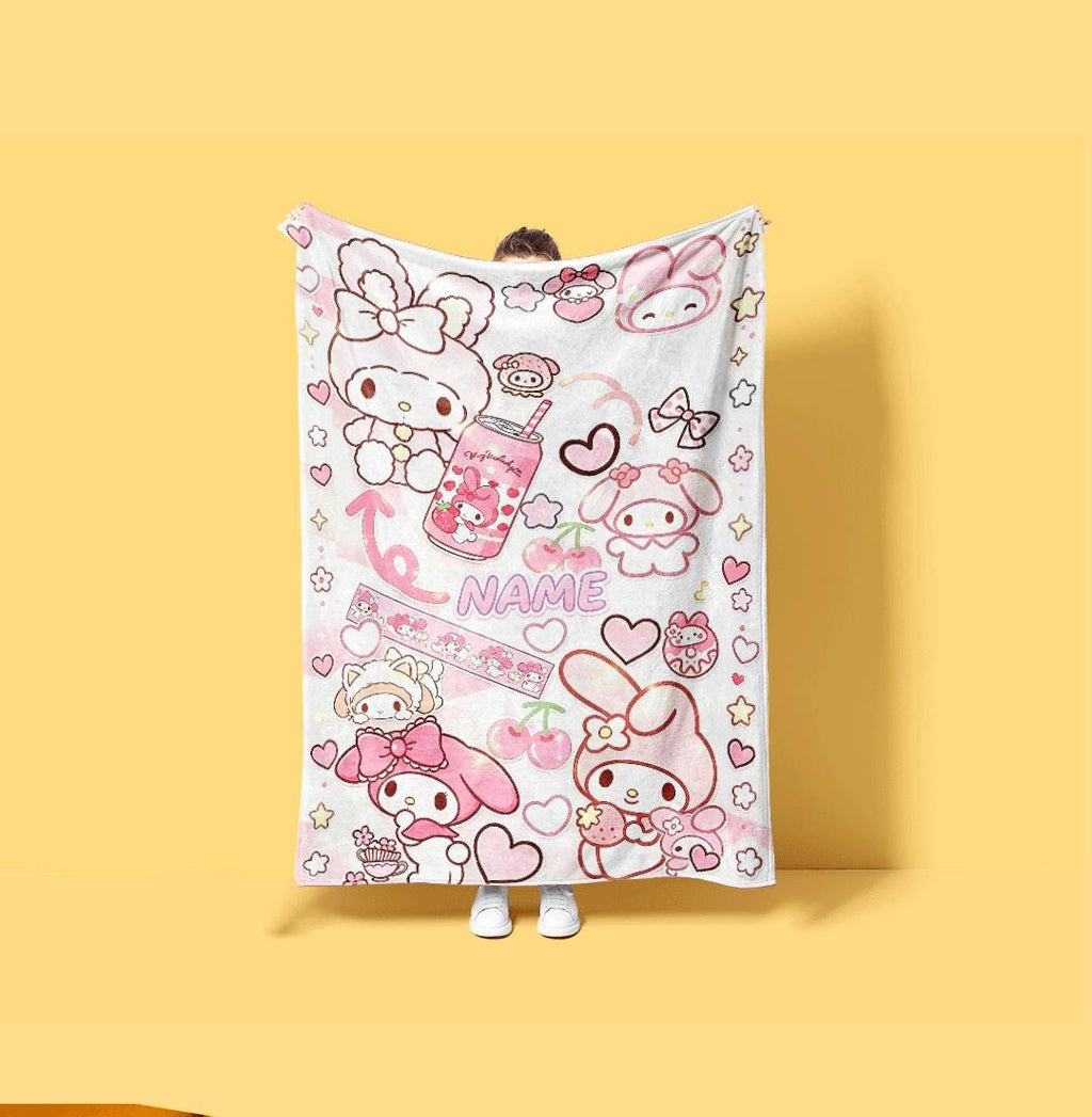 Soft Personalized My Melody Fleece Throw Custom Name Blanket Cozy Kawaii Bedding Cute Anime Style Gift for Kids Girls Room Decor