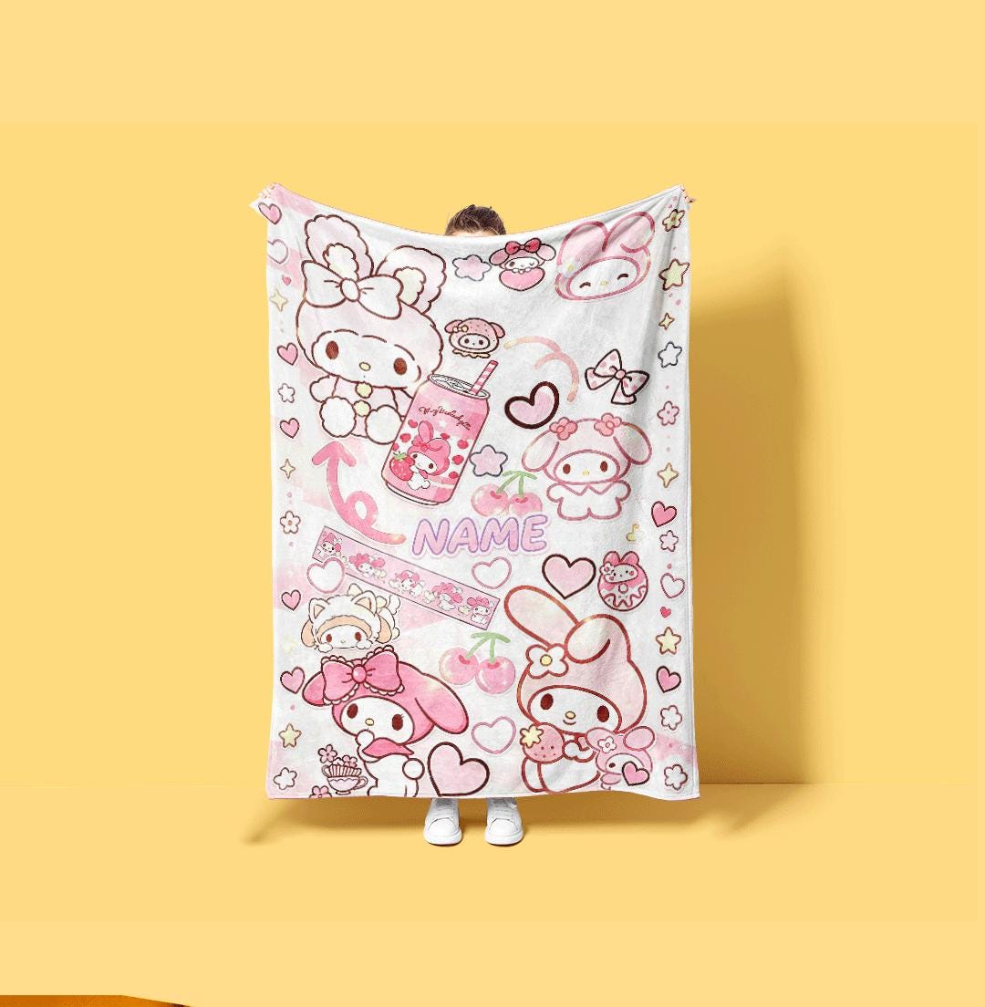 Soft Personalized My Melody Fleece Throw Custom Name Blanket Cozy Kawaii Bedding Cute Anime Style Gift for Kids Girls Room Decor