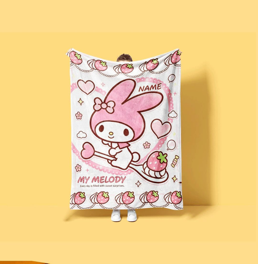 Kawaii My Melody Room Decor Blanket Personalized Custom Name Throw Cute Anime Fleece Bedding Aesthetic Gift for Teen Girls Kids
