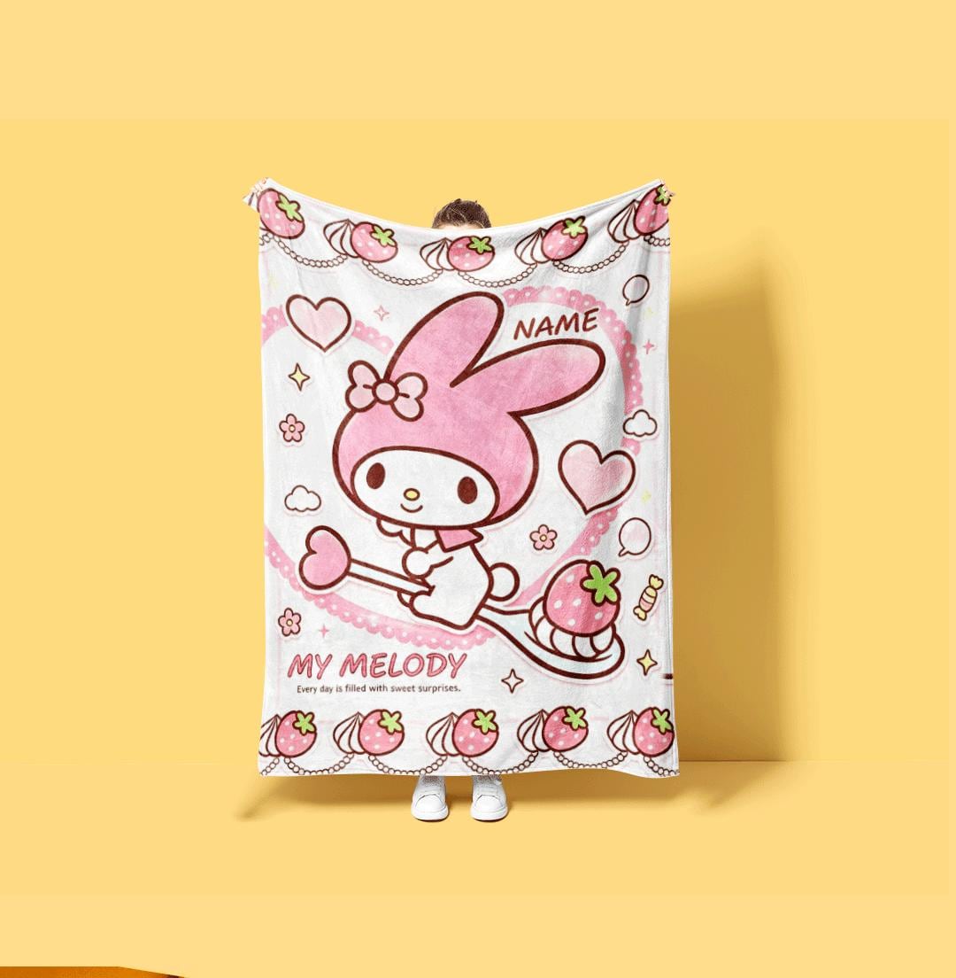 Kawaii My Melody Room Decor Blanket Personalized Custom Name Throw Cute Anime Fleece Bedding Aesthetic Gift for Teen Girls Kids