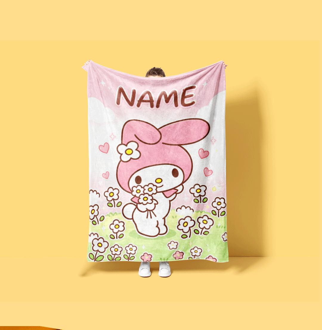 My Melody Spring Flower Blanket Personalized Custom Name Throw Soft Kawaii Fleece Bedding Nature Anime Style Gift for Her Girls