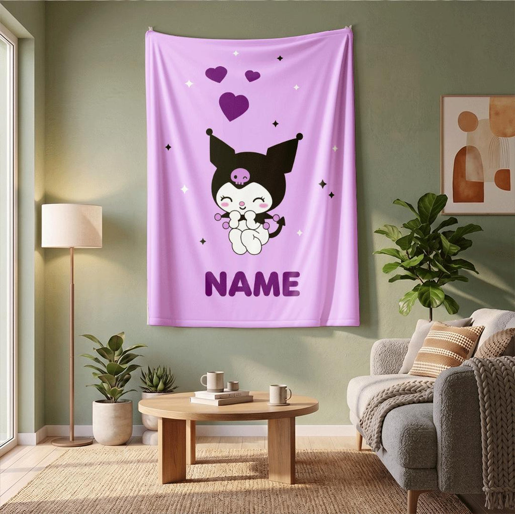 Personalized Kuromi Heart Fleece Blanket Custom Name Throw Cute Purple Kawaii Anime Bedding Sweet Bedroom Decor Birthday Gift Girls