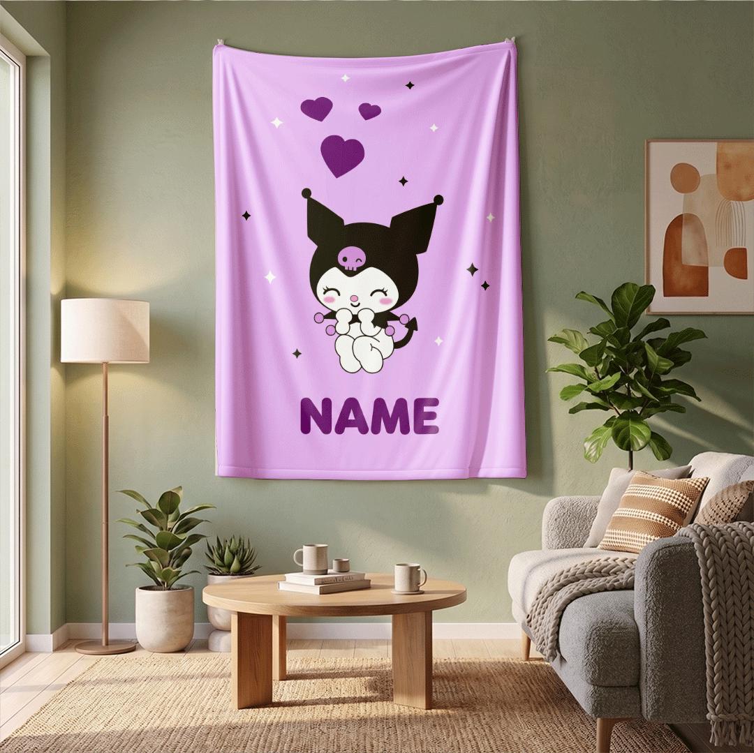 Personalized Kuromi Heart Fleece Blanket Custom Name Throw Cute Purple Kawaii Anime Bedding Sweet Bedroom Decor Birthday Gift Girls