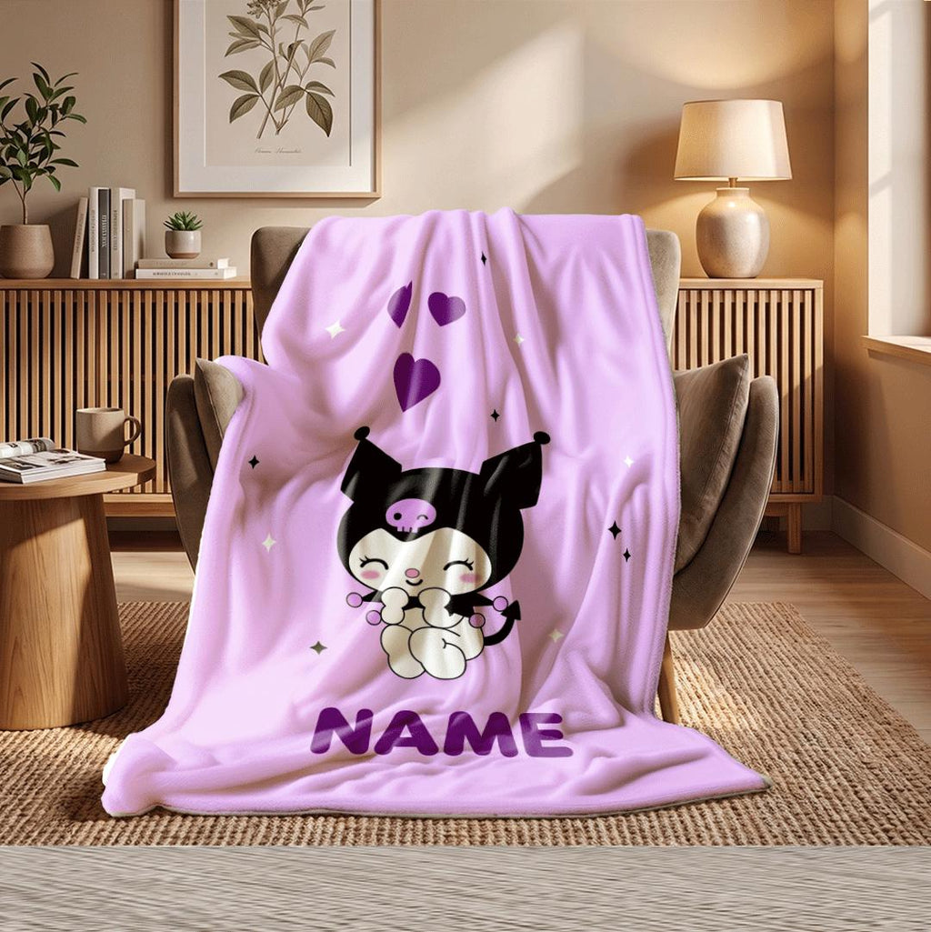 Personalized Kuromi Heart Fleece Blanket Custom Name Throw Cute Purple Kawaii Anime Bedding Sweet Bedroom Decor Birthday Gift Girls