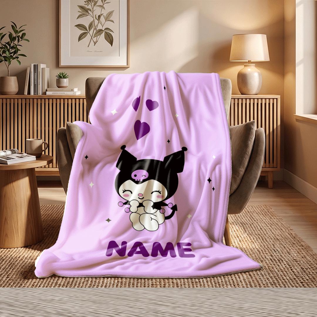 Personalized Kuromi Heart Fleece Blanket Custom Name Throw Cute Purple Kawaii Anime Bedding Sweet Bedroom Decor Birthday Gift Girls