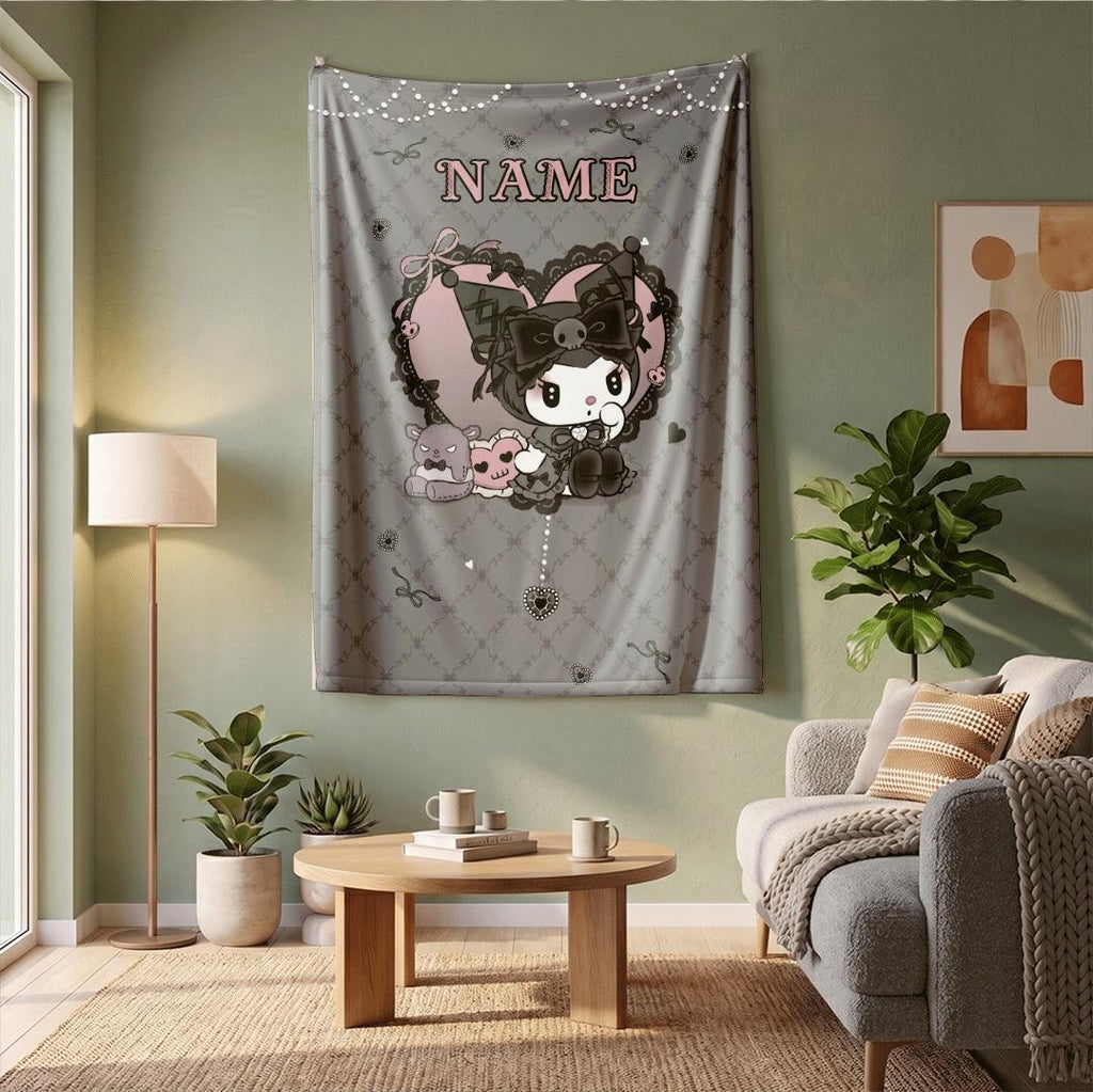 Custom Kuromi Gothic Fleece Blanket Personalized Name Throw Dark Aesthetic Anime Bedding Cool Room Decor Gift for Teen Girls Kids