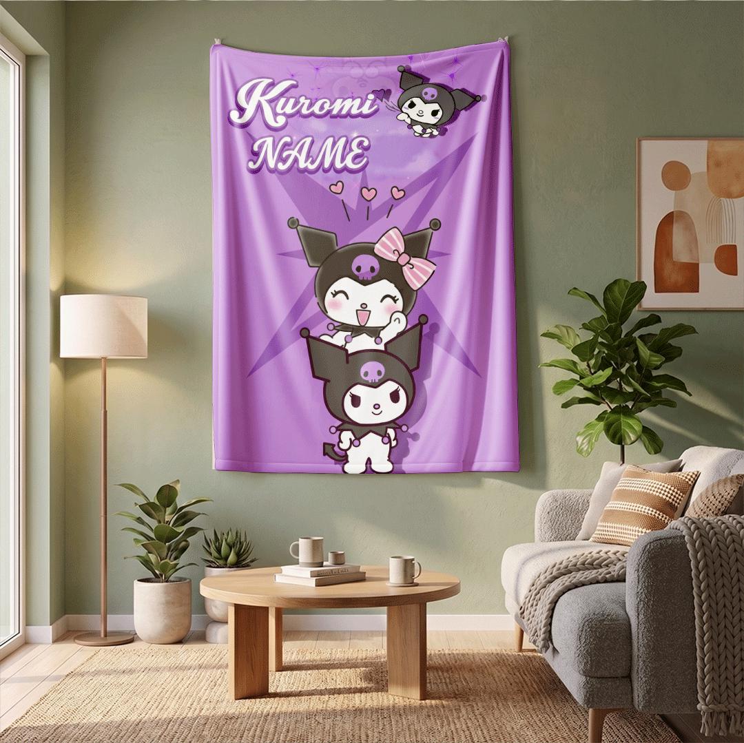 Personalized Kuromi Stars Fleece Blanket Custom Name Throw Cute Kawaii Anime Bedding Starry Room Decor Gift for Girls Kids Teen