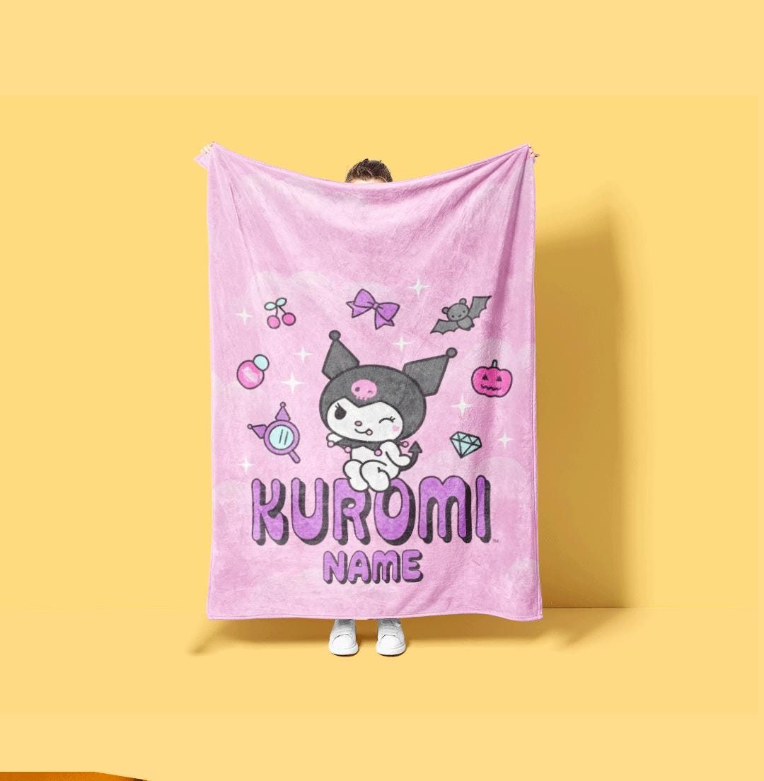 Kuromi Kawaii Icons Blanket Personalized Name Custom Fleece Throw Cute Anime Bedding Soft Pastel Room Decor Birthday Gift Girls