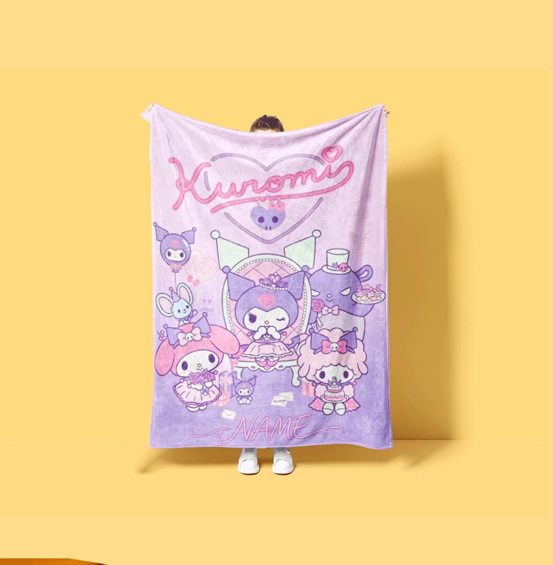 Personalized Kuromi Friends Fleece Blanket Custom Name Throw Cute Anime Bedding Kawaii Character Decor Birthday Gift Kids Girls