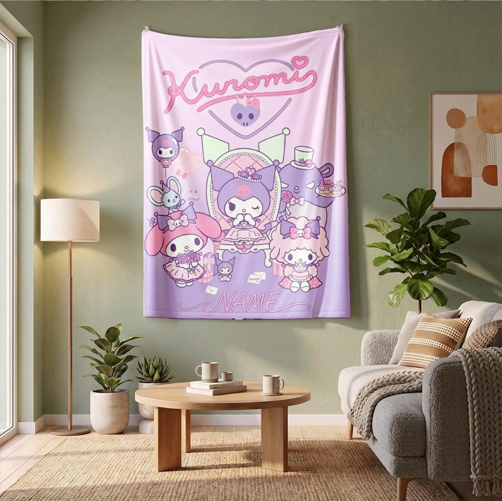 Personalized Kuromi Friends Fleece Blanket Custom Name Throw Cute Anime Bedding Kawaii Character Decor Birthday Gift Kids Girls