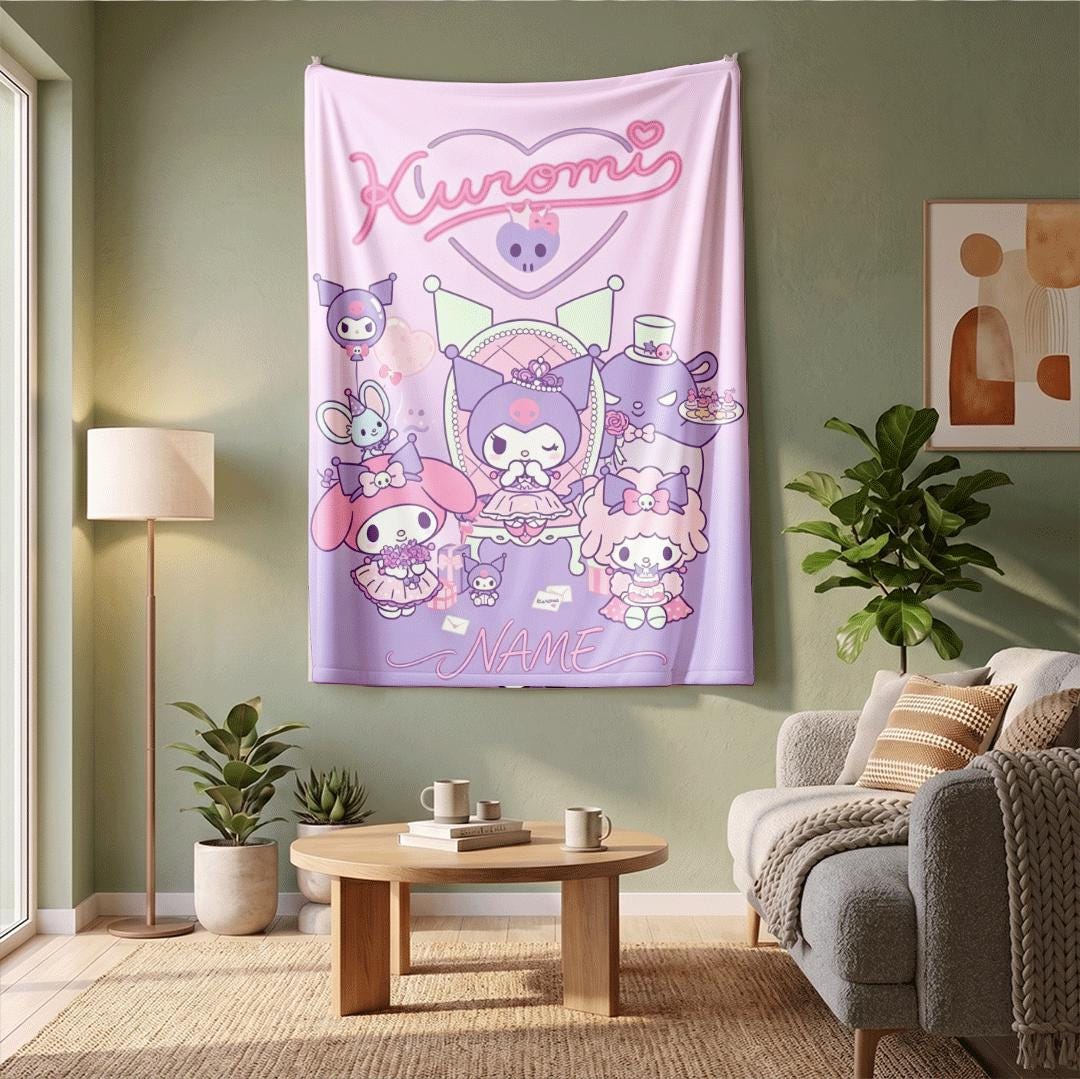 Personalized Kuromi Friends Fleece Blanket Custom Name Throw Cute Anime Bedding Kawaii Character Decor Birthday Gift Kids Girls