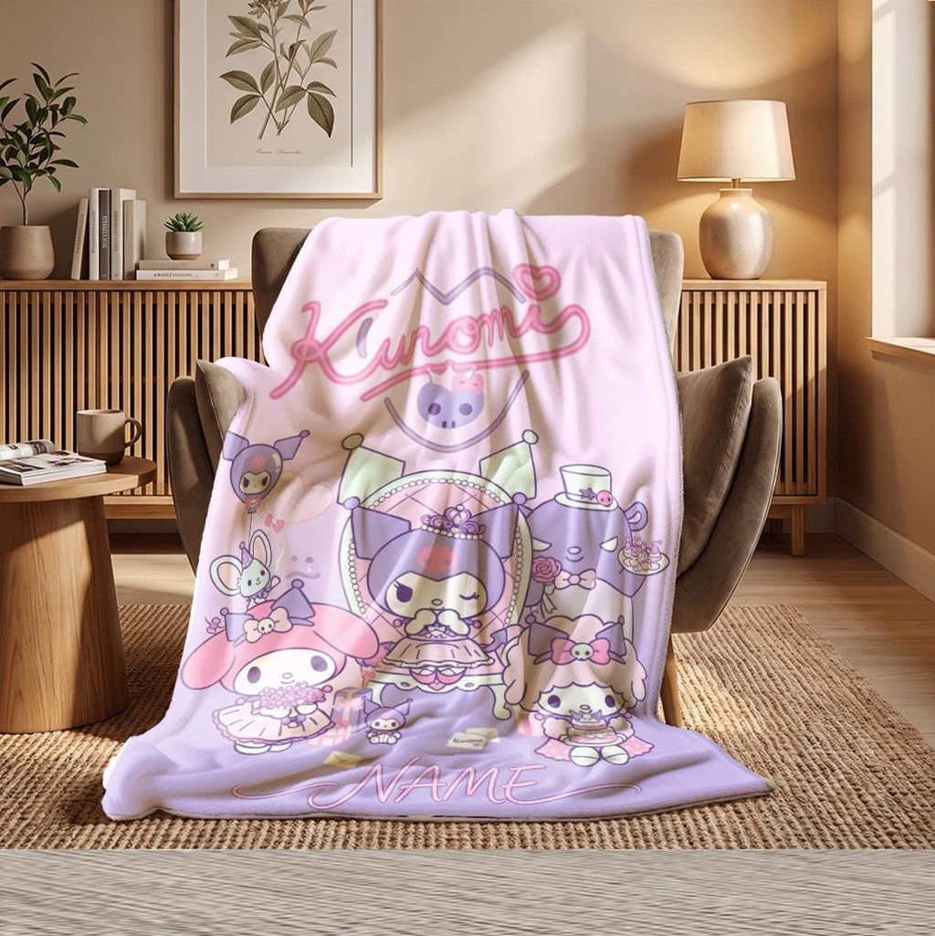 Personalized Kuromi Friends Fleece Blanket Custom Name Throw Cute Anime Bedding Kawaii Character Decor Birthday Gift Kids Girls
