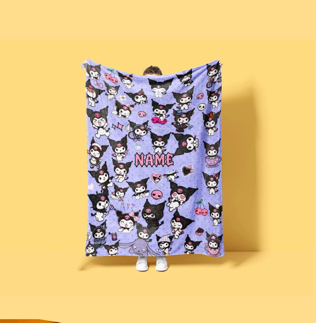 Custom Name Kuromi Blanket Personalized Soft Fleece Throw Kawaii Anime Bedding Nursery Decor Birthday Gift for Little Girls Kids