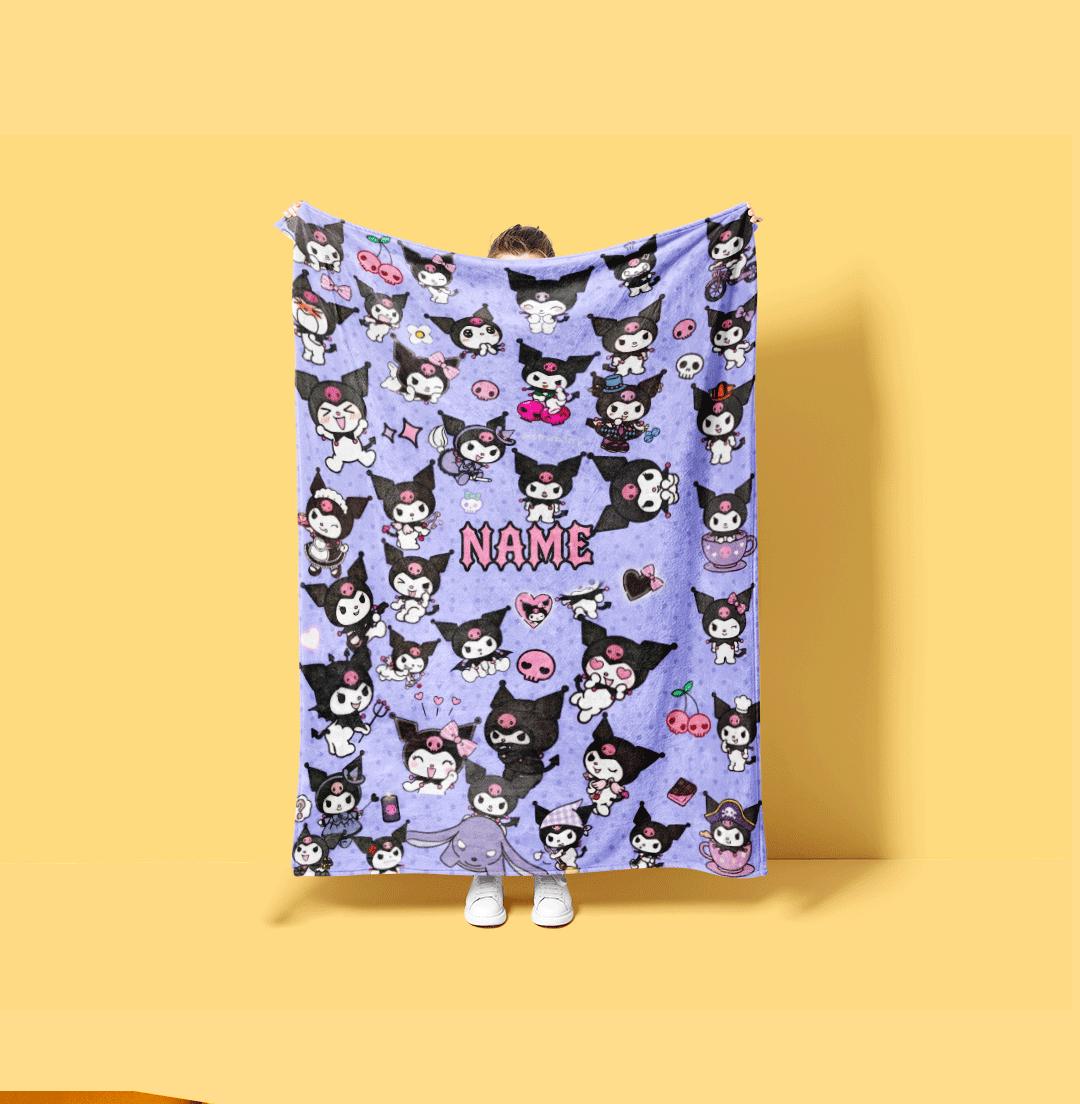 Custom Name Kuromi Blanket Personalized Soft Fleece Throw Kawaii Anime Bedding Nursery Decor Birthday Gift for Little Girls Kids