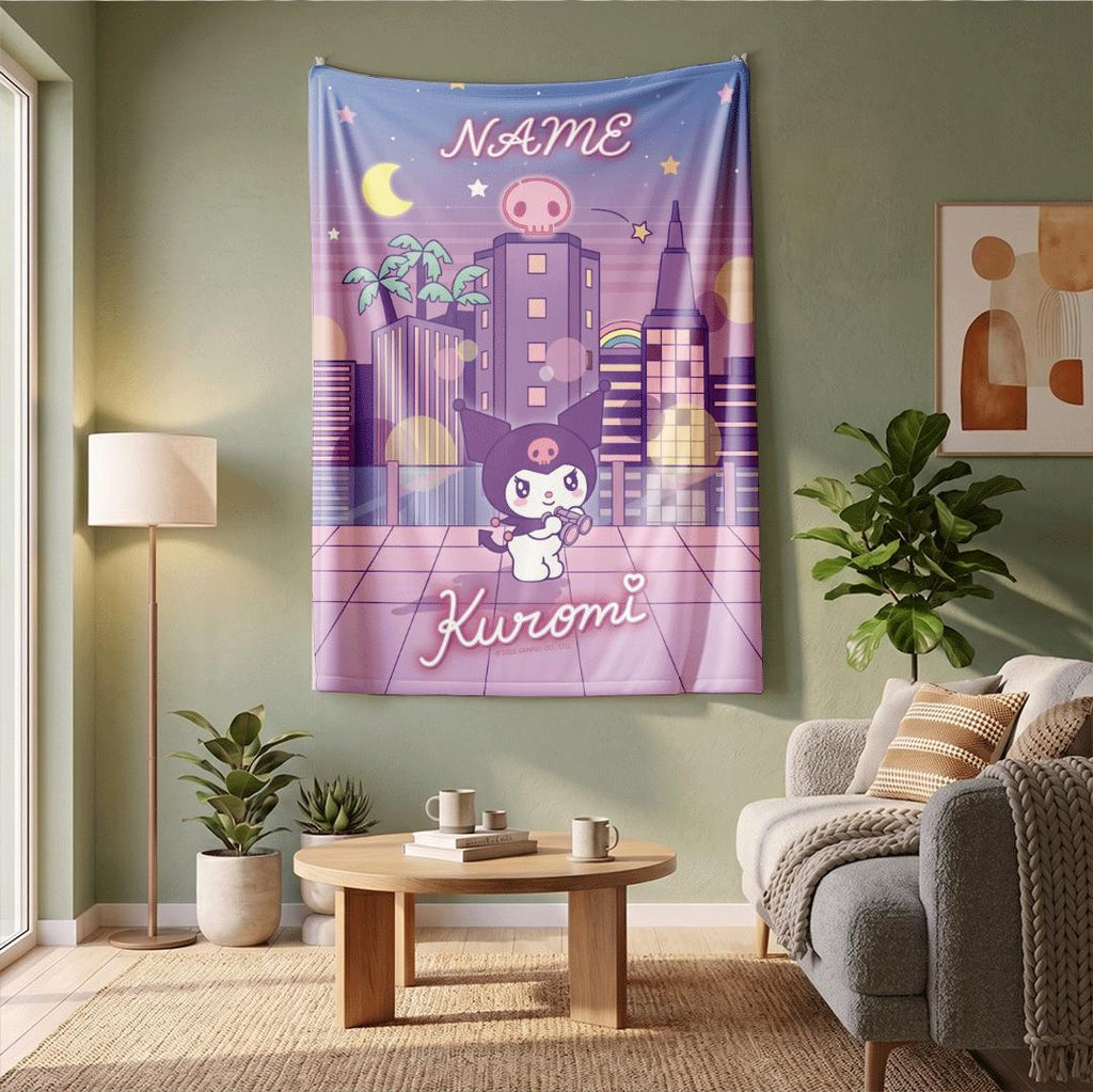 Personalized Kuromi City Blanket Custom Name Throw Cartoon Fleece Blanket Cute Anime Bedding Birthday Gift for Kids Girl Room Decor Kawaii