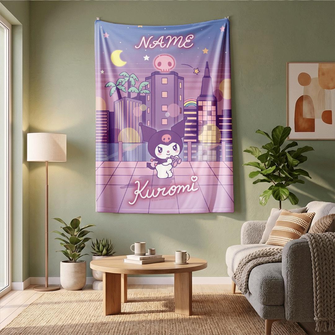 Personalized Kuromi City Blanket Custom Name Throw Cartoon Fleece Blanket Cute Anime Bedding Birthday Gift for Kids Girl Room Decor Kawaii