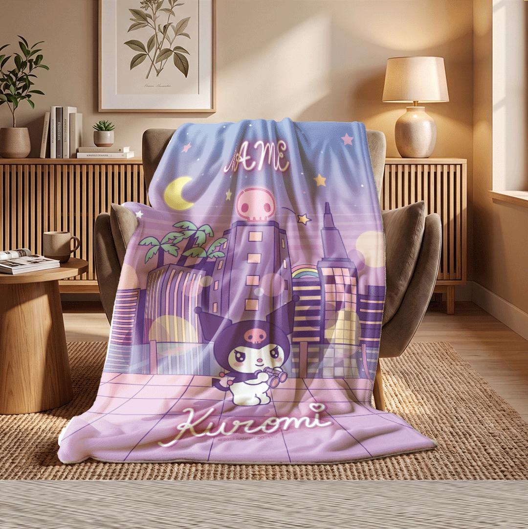 Personalized Kuromi City Blanket Custom Name Throw Cartoon Fleece Blanket Cute Anime Bedding Birthday Gift for Kids Girl Room Decor Kawaii