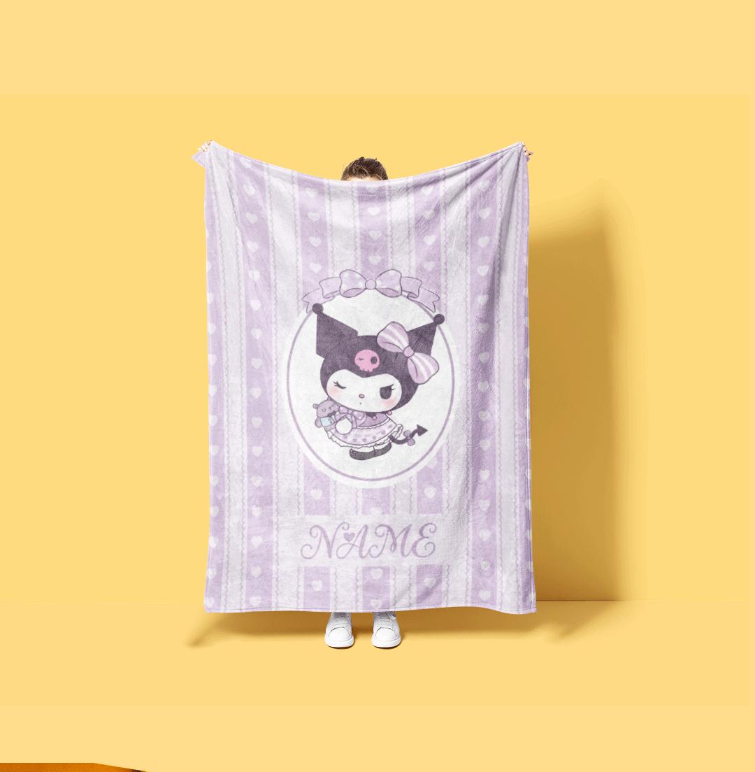 Personalized Kuromi Name Throw Blanket Kawaii Anime Fleece Bedding Cute Room Decor Custom Birthday Gift for Girls Kids Teen