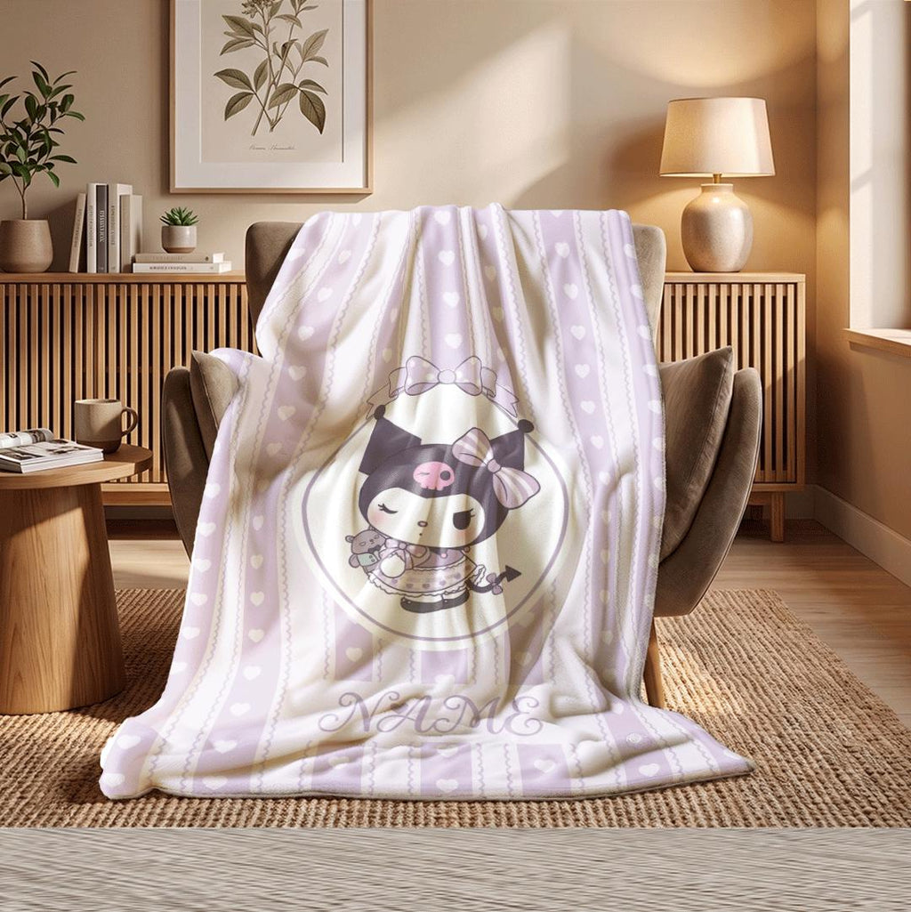 Personalized Kuromi Name Throw Blanket Kawaii Anime Fleece Bedding Cute Room Decor Custom Birthday Gift for Girls Kids Teen