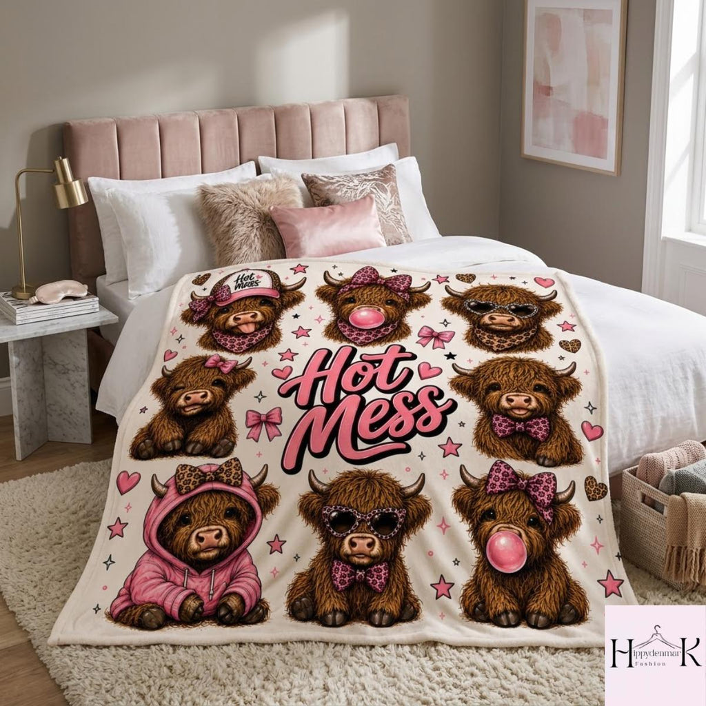 Hot Mess Highland Cow Blanket, Funny Cow Fleece Blanket, Pink Leopard Western Throw Blanket, Cute Cowgirl Gift, Cozy Farmhouse Decor