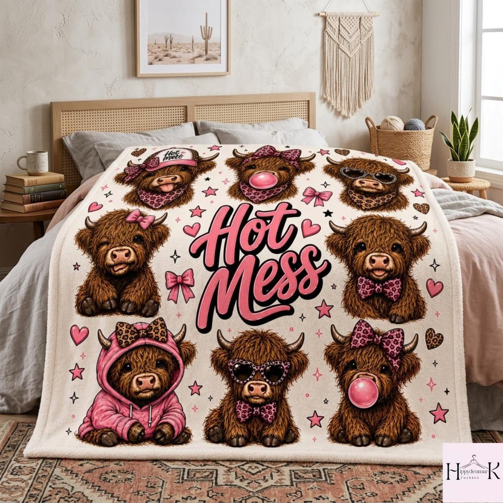 Hot Mess Highland Cow Blanket, Funny Cow Fleece Blanket, Pink Leopard Western Throw Blanket, Cute Cowgirl Gift, Cozy Farmhouse Decor