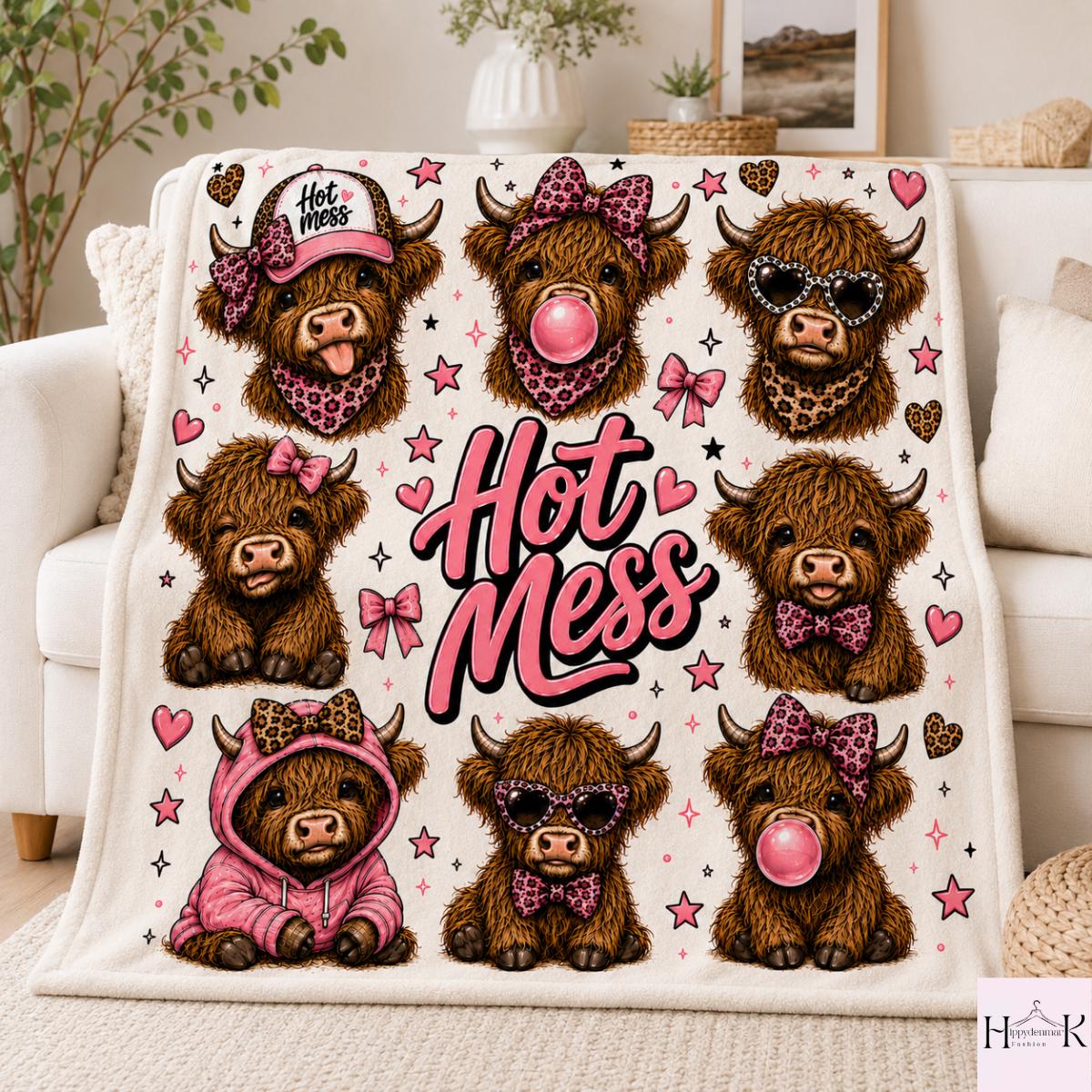 Hot Mess Highland Cow Blanket, Funny Cow Fleece Blanket, Pink Leopard Western Throw Blanket, Cute Cowgirl Gift, Cozy Farmhouse Decor