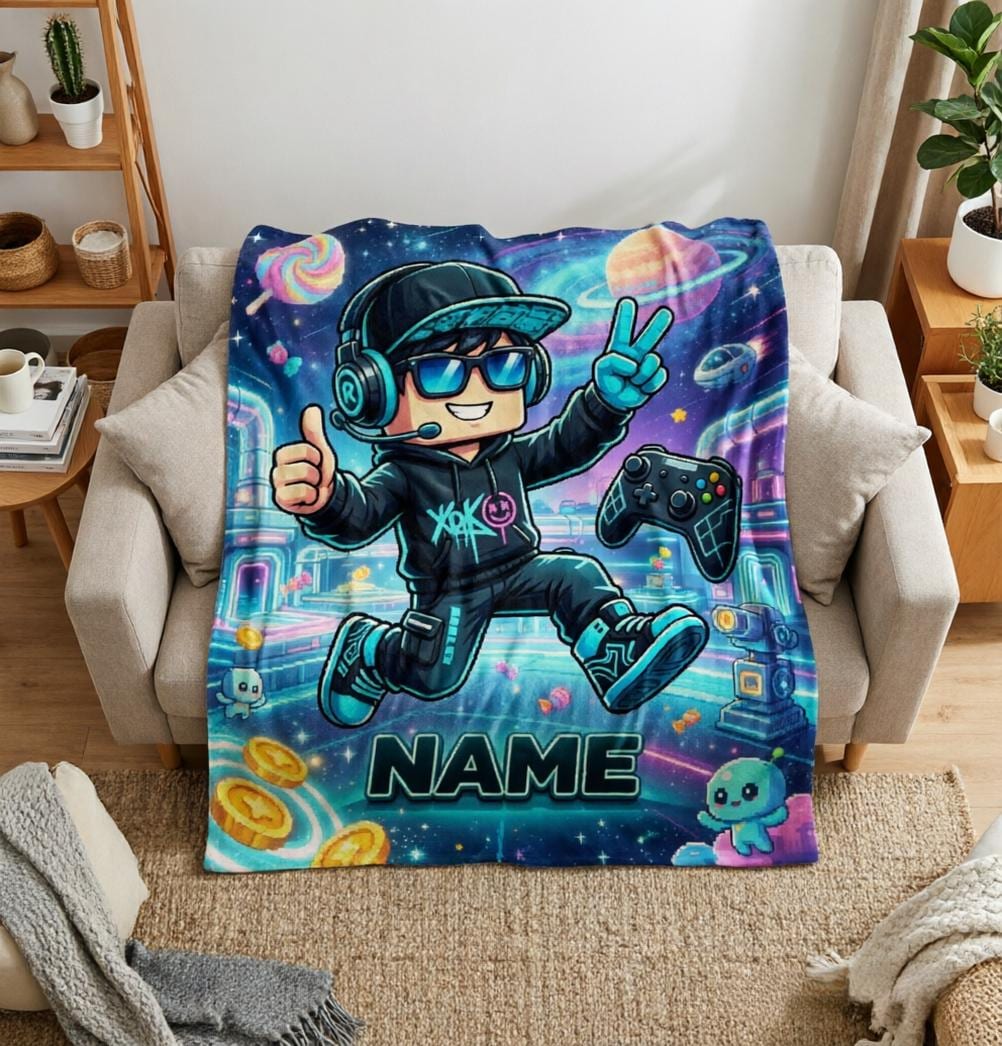 Enchanted Forest Pixel Gamer Blanket Soft Throw, Custom Name Throw for Young Gaming Kids
