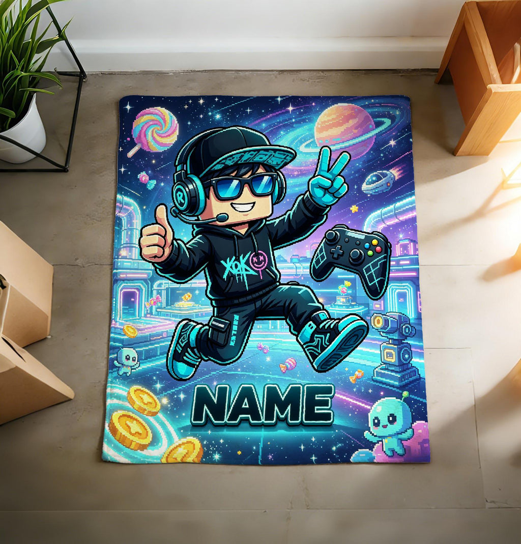 Enchanted Forest Pixel Gamer Blanket Soft Throw, Custom Name Throw for Young Gaming Kids