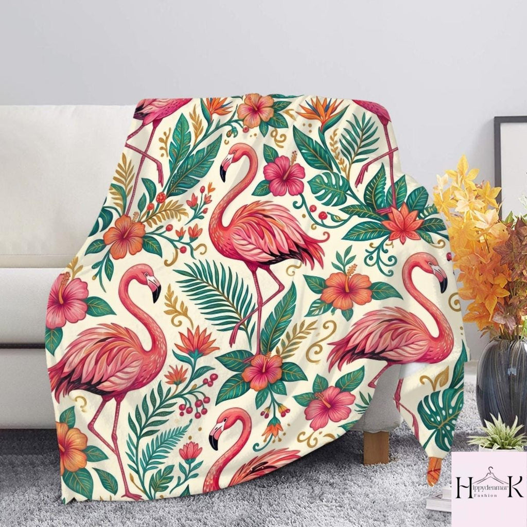 Pink Flamingo Blanket, Tropical Floral Fleece Throw, Hibiscus Bird Blanket, Botanical Wildlife Couch Decor, Summer Beach House Gift