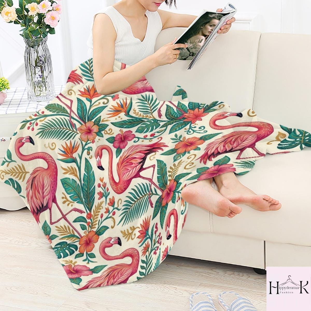 Pink Flamingo Blanket, Tropical Floral Fleece Throw, Hibiscus Bird Blanket, Botanical Wildlife Couch Decor, Summer Beach House Gift