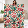 Pink Flamingo Blanket, Tropical Floral Fleece Throw, Hibiscus Bird Blanket, Botanical Wildlife Couch Decor, Summer Beach House Gift