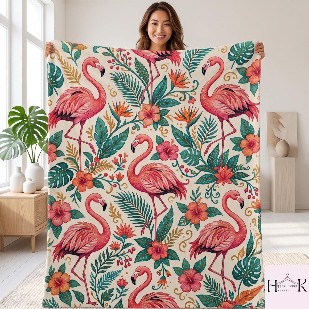 Pink Flamingo Blanket, Tropical Floral Fleece Throw, Hibiscus Bird Blanket, Botanical Wildlife Couch Decor, Summer Beach House Gift