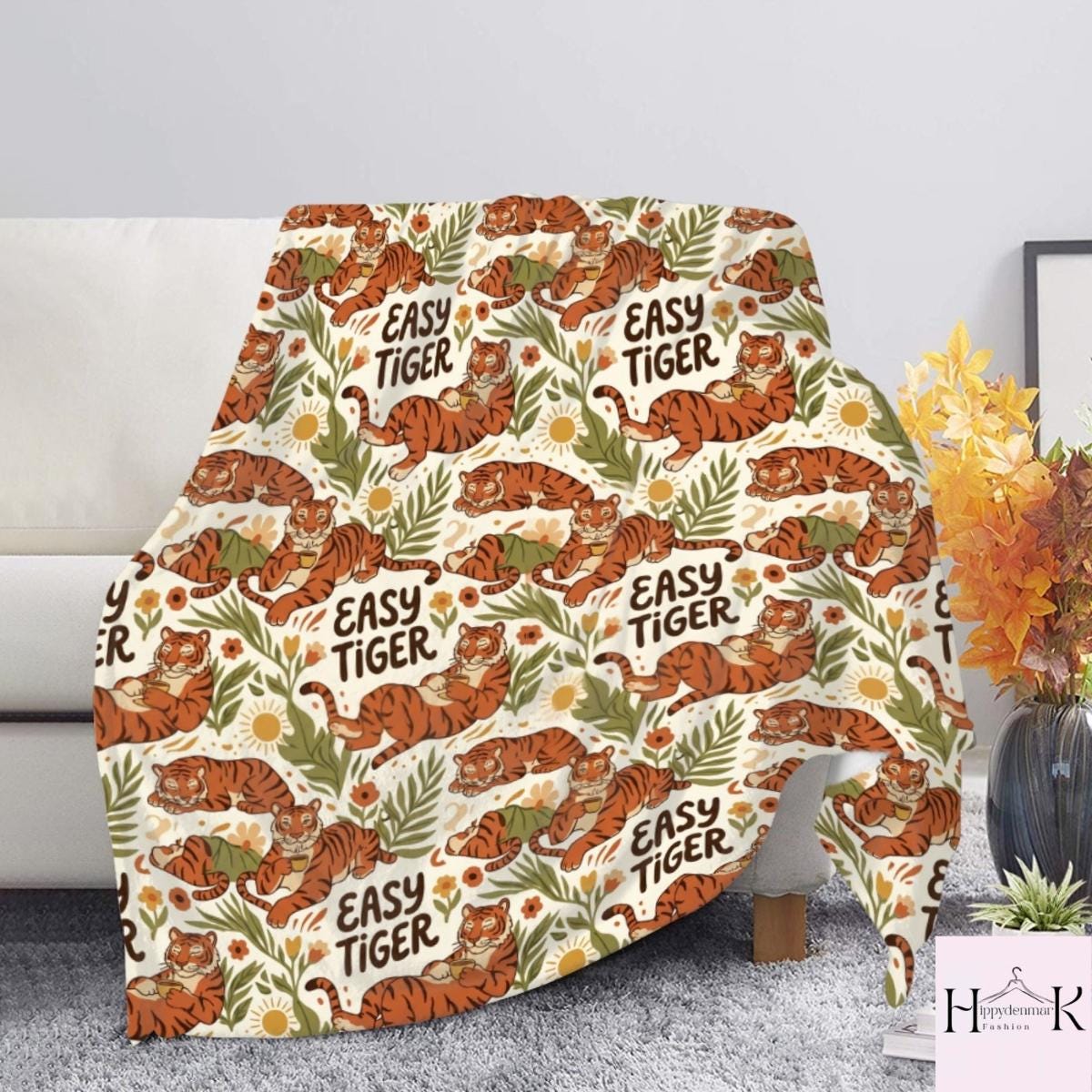 Easy Tiger Blanket, Retro Tiger Floral Fleece Throw, Boho Jungle Animal Blanket, Vintage Botanical Couch Decor, Tiger Lover Gift
