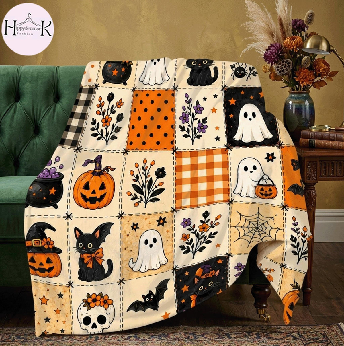 Halloween Ghost Fleece Blanket, Spooky Black Cat Throw Blanket, Pumpkin Patchwork Blanket, Cozy Fall Halloween Home Decor Gift