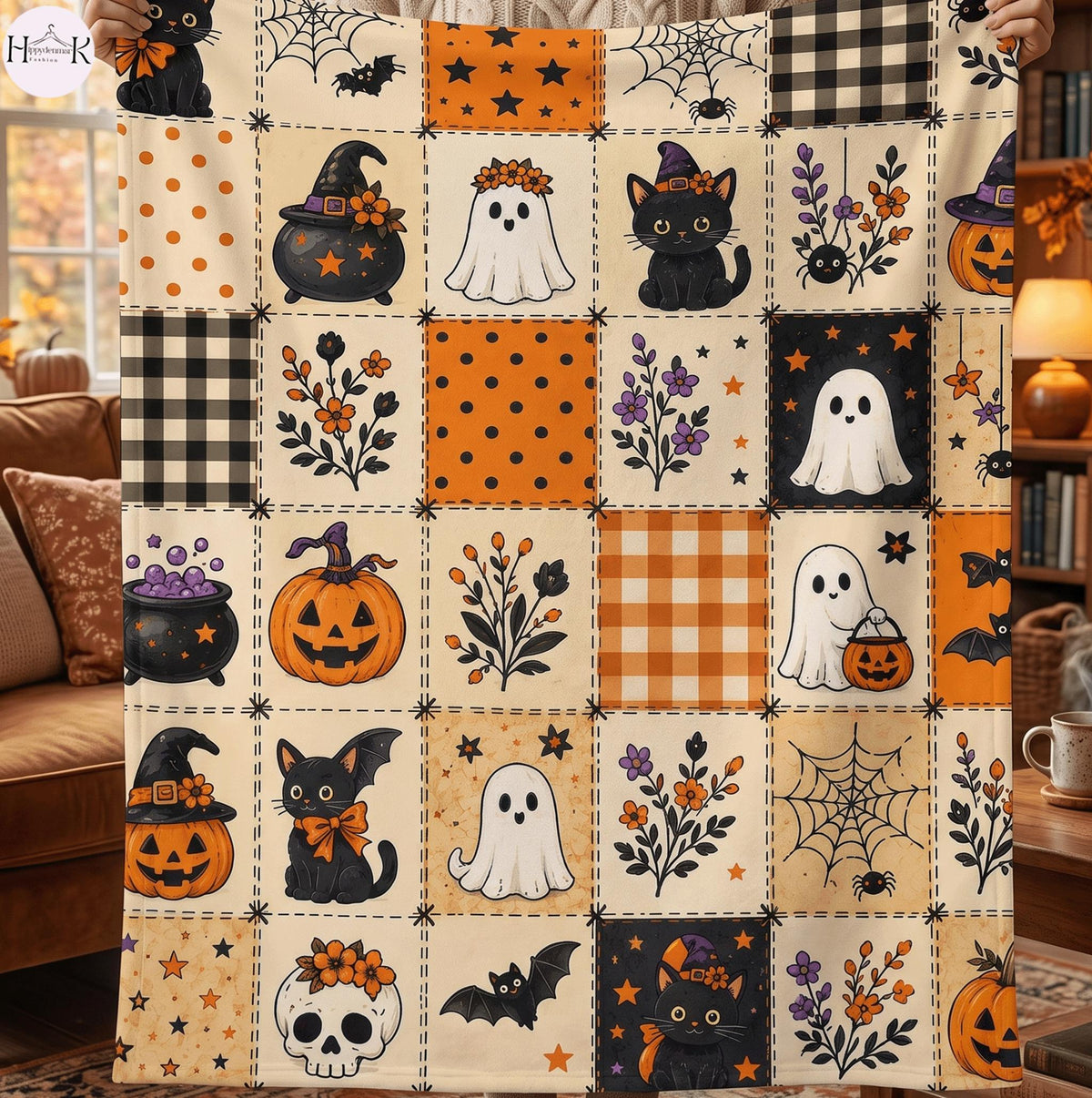 Halloween Ghost Fleece Blanket, Spooky Black Cat Throw Blanket, Pumpkin Patchwork Blanket, Cozy Fall Halloween Home Decor Gift