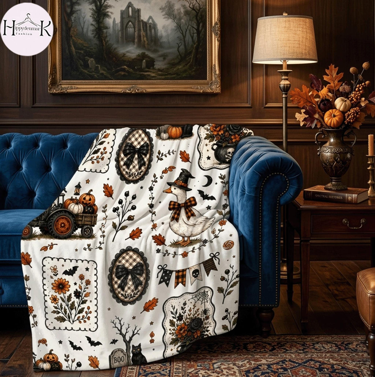 Cottagecore Halloween Ghost Blanket | Summerween Spooky Floral Throw | Dark Academia Vintage Fall Cozy Couch Gift