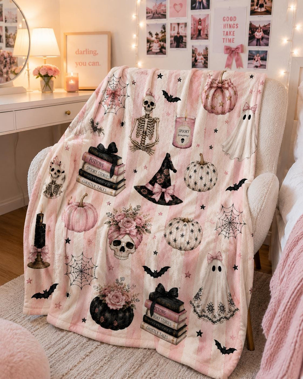 Pink Halloween Blanket, Cute Ghost Throw Blanket, Teen Girl Halloween Gift, College Dorm Blanket, Halloween Blanket For Teen Girl, Cozy Gift