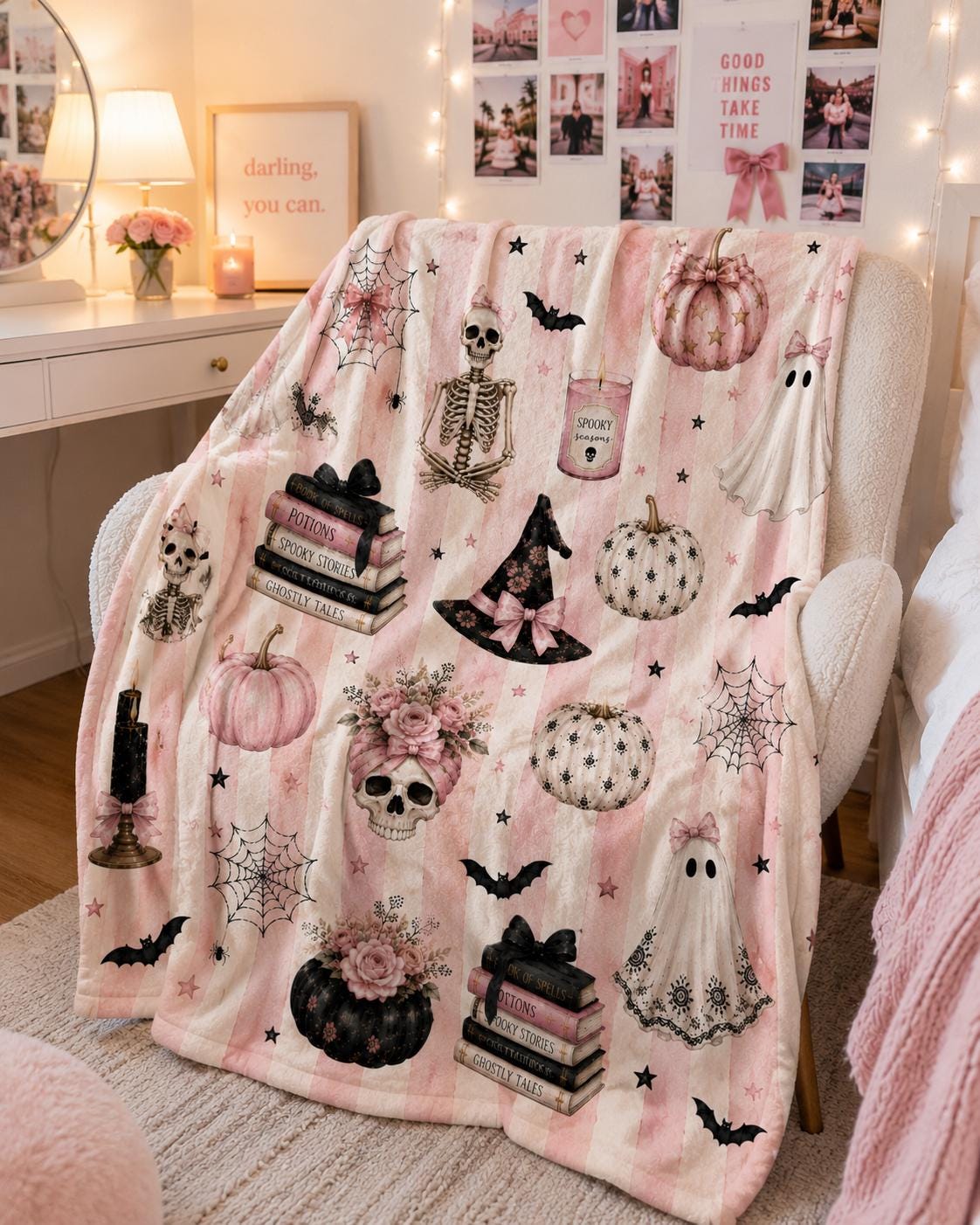 Pink Halloween Blanket, Cute Ghost Throw Blanket, Teen Girl Halloween Gift, College Dorm Blanket, Halloween Blanket For Teen Girl, Cozy Gift