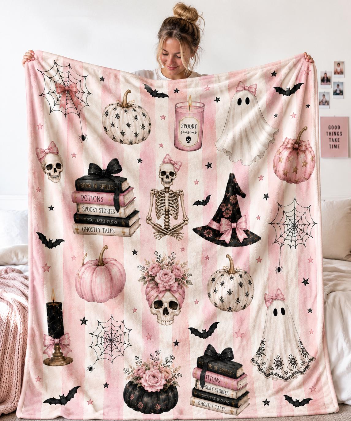 Pink Halloween Blanket, Cute Ghost Throw Blanket, Teen Girl Halloween Gift, College Dorm Blanket, Halloween Blanket For Teen Girl, Cozy Gift