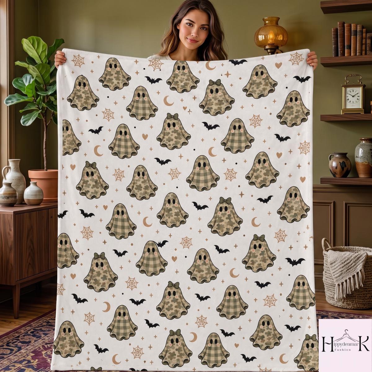 Camo Ghost Halloween Blanket, Cute Plaid Ghost Fleece Throw, Neutral Spooky Season Couch Blanket, Cozy Fall Halloween Gift