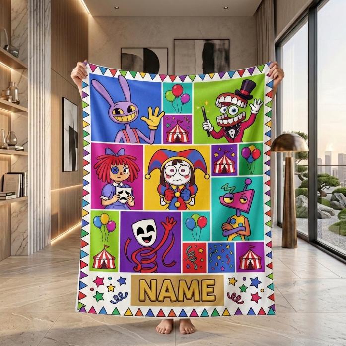 Custom Name TADC Blanket, Colorful Grid Circus Fleece Throw Kids, Cartoon Character Room Decor